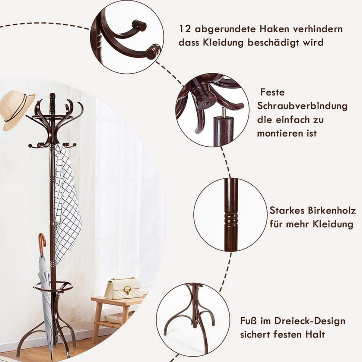 GARDEROBENSTÄNDER Holz braun - Braun, Holz (47.5/182/47.5cm) - COSTWAY
