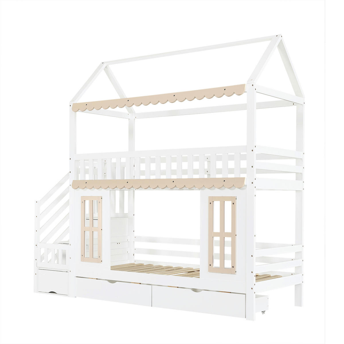 ETAGENBETT 90/200 cm in Weiß & Natur mit 2 Schubladen und Stauraumschrank - Weiß/Naturfarben, Holz/Holzwerkstoff (90/200cm) - CHICFURN