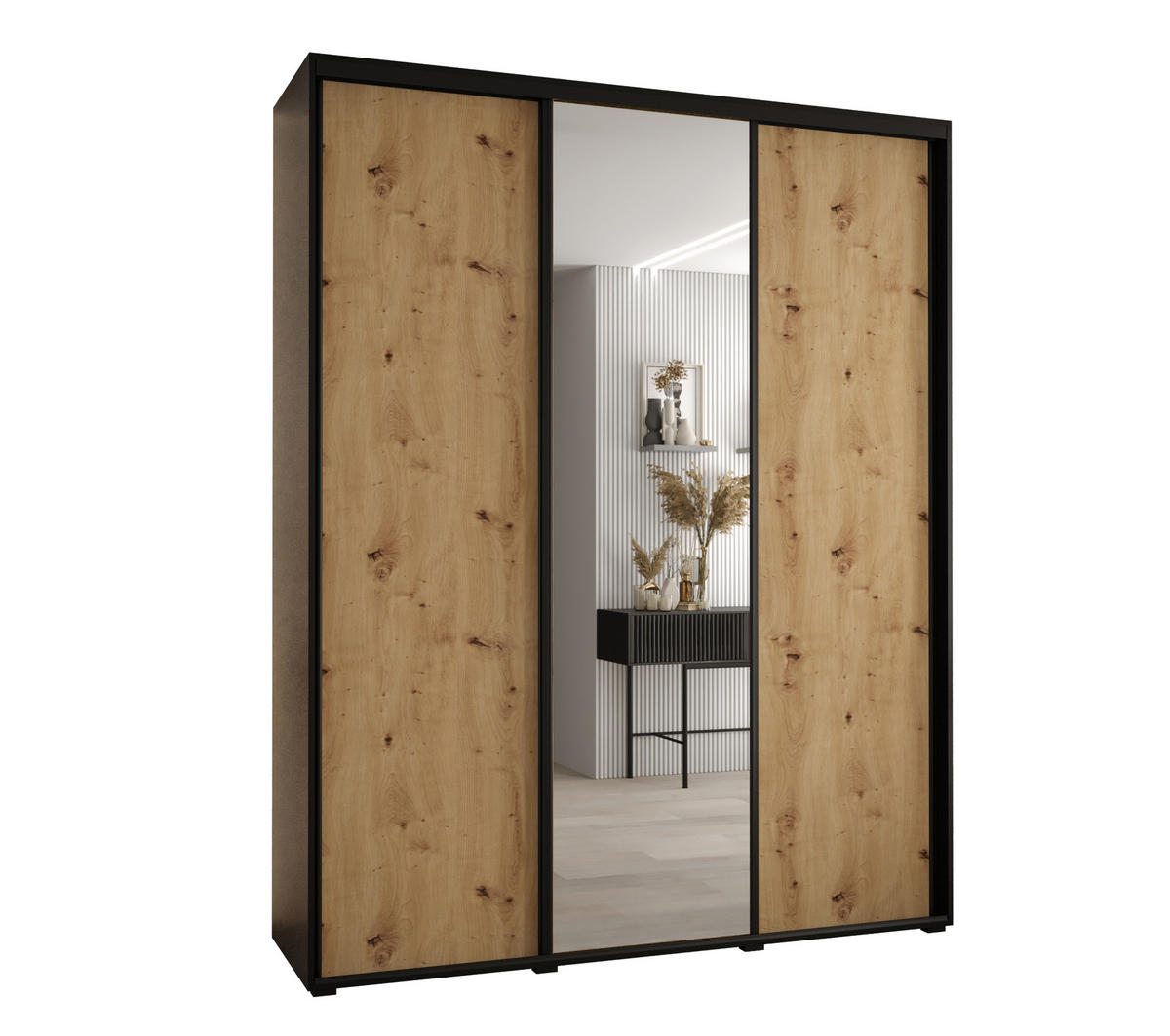 SCHWEBETÜRENSCHRANK 235,2/200/60 3-türig - Schwarz/Eiche Artisan, Holz/Metall (200/235/60cm) - Abiks Möbel