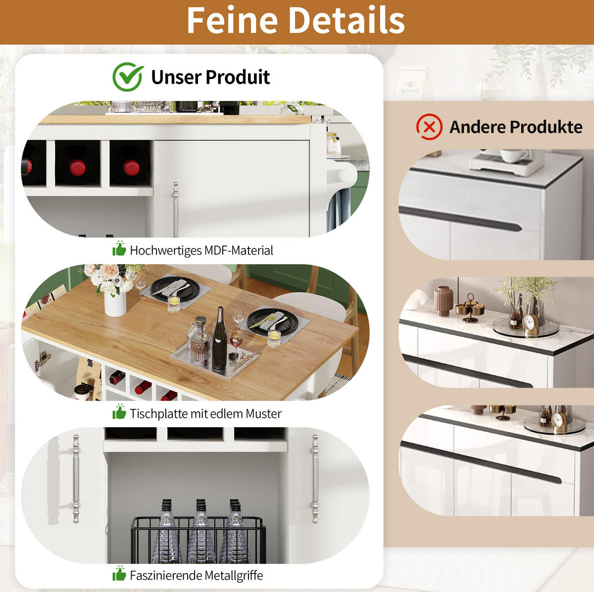 KÜCHENINSEL 137,9/92,2/73 cm Weiß aus MDF und Metall mit klappbarer Arbeitsplatte - Weiß, Holzwerkstoff (73/92.5/137.9cm) - OKMYHOME