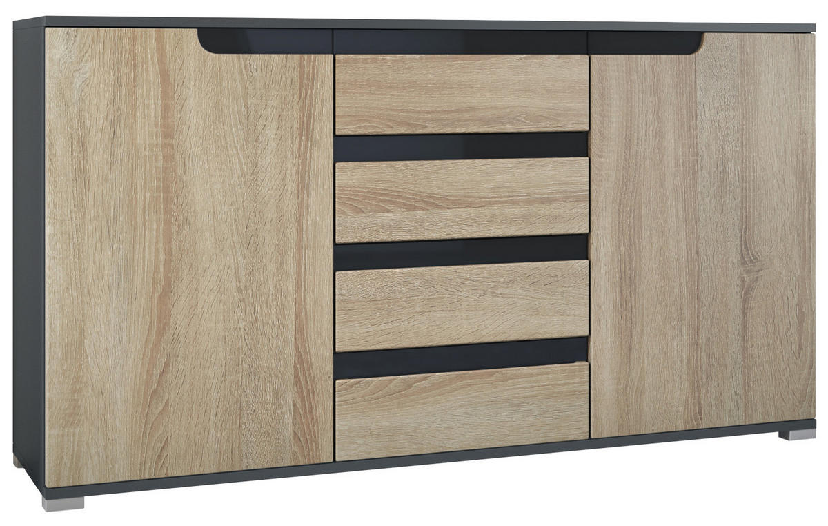 SIDEBOARD Sylt Eiche sägerau / Schwarz Hochglanz - Eiche San Remo, Holzwerkstoff (138.5/75.5/35cm) - Vladon