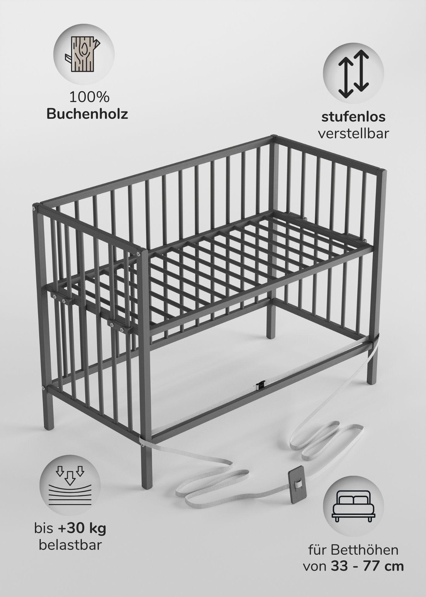 BEISTELLBETT mit Umbauseite - grau - Dreamy 4 in 1 Bett - Grau, Holz (120/90/60cm) - Sämann – make a difference.
