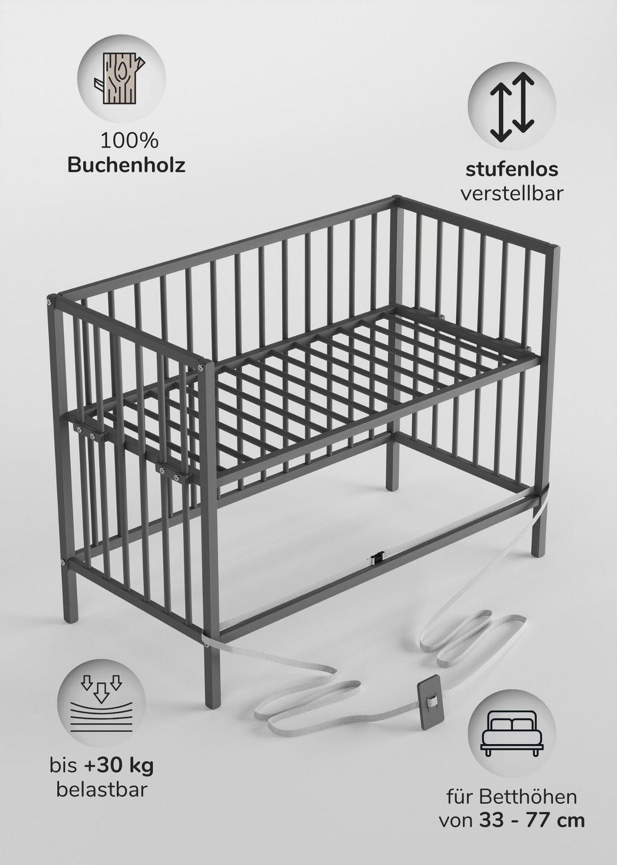 BEISTELLBETT mit Umbauseite - grau - Dreamy 4 in 1 Bett - Grau, Holz (120/90/60cm) - Sämann – make a difference.