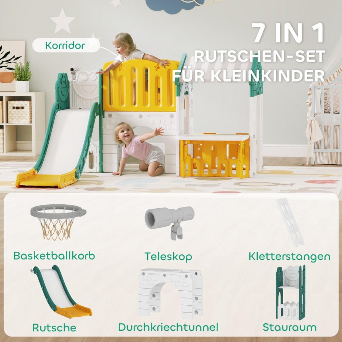 KINDERRUTSCHE 7-in-1 mit Klettergerüst und Basketballkorb für 1–4 Jahre Kunststoff Gelb/Grün - Gelb, Kunststoff (180/111/189cm) - Korfee
