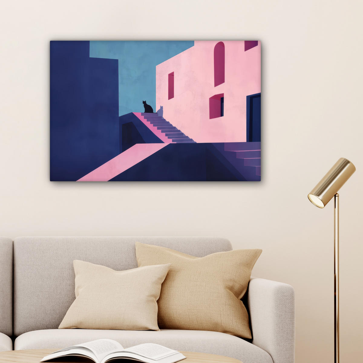 LEINWANDBILD Katze - Treppe - Gebäude - Schattenkontraste Wanddeko 90x60 cm - Dunkelblau, Textil (90/60cm) - MuchoWow