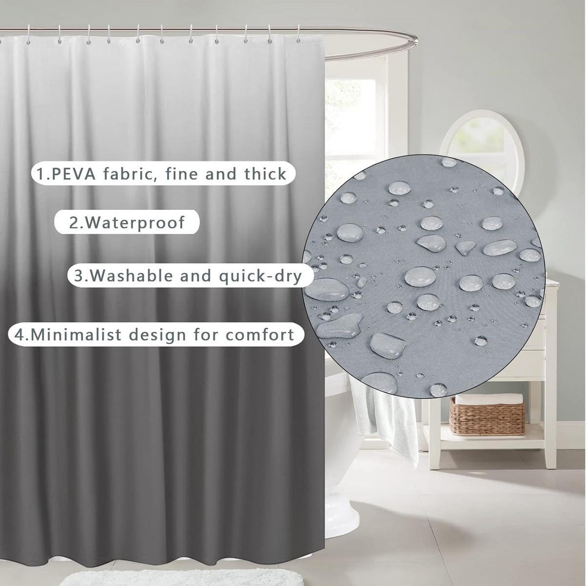 DUSCHVORHANG PEVA wasserdicht waschbar mit Haken Badezimmer - Grau, Textil (180/180cm) - MCBOSON