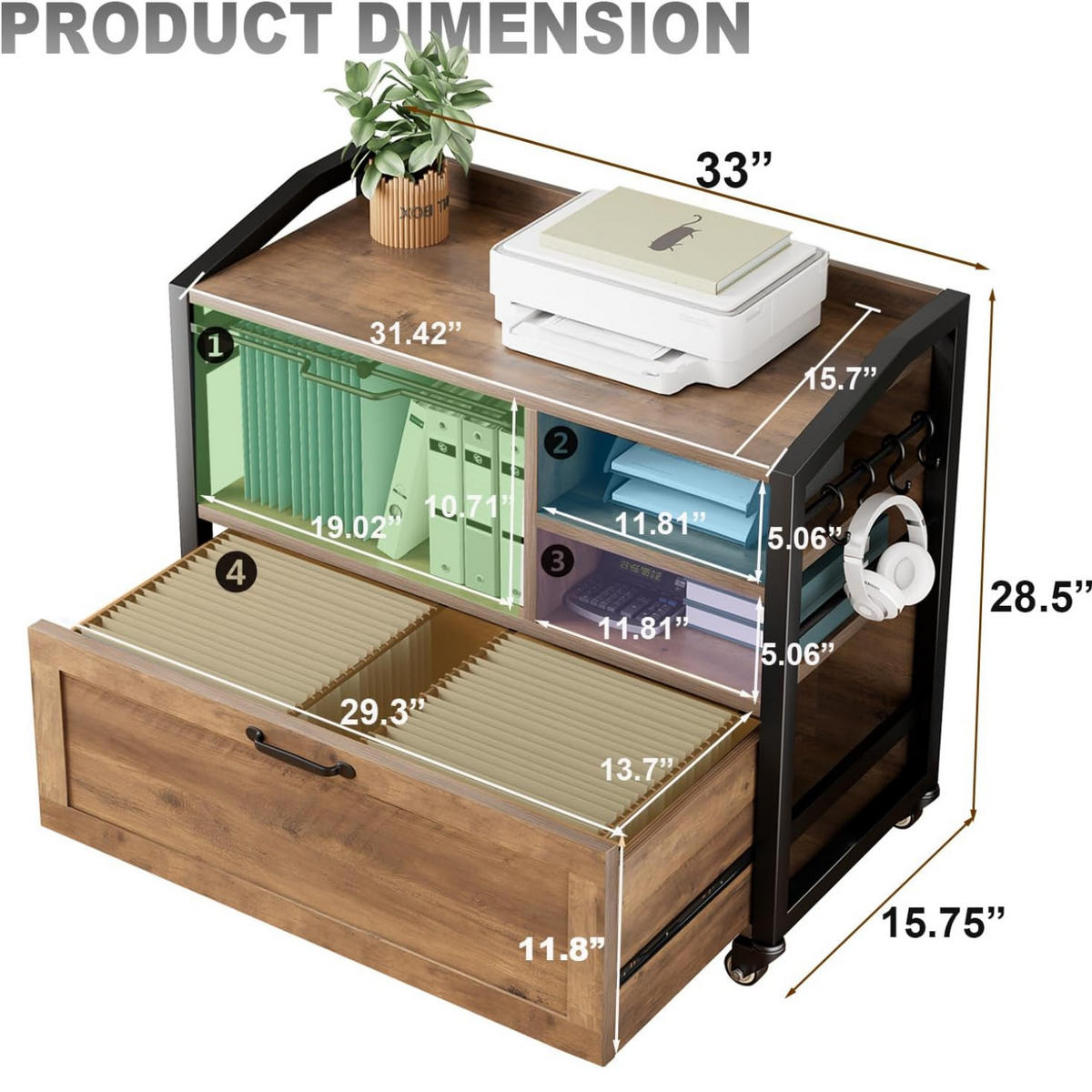 ROLLCONTAINER AKTENSCHRANK mit Hängeregister & Rollen INDUSTRIAL 83.8 x 40.0 x 72.5 cm - Braun, Holzwerkstoff/Metall (83/72.5/40cm) - Quality Elegance