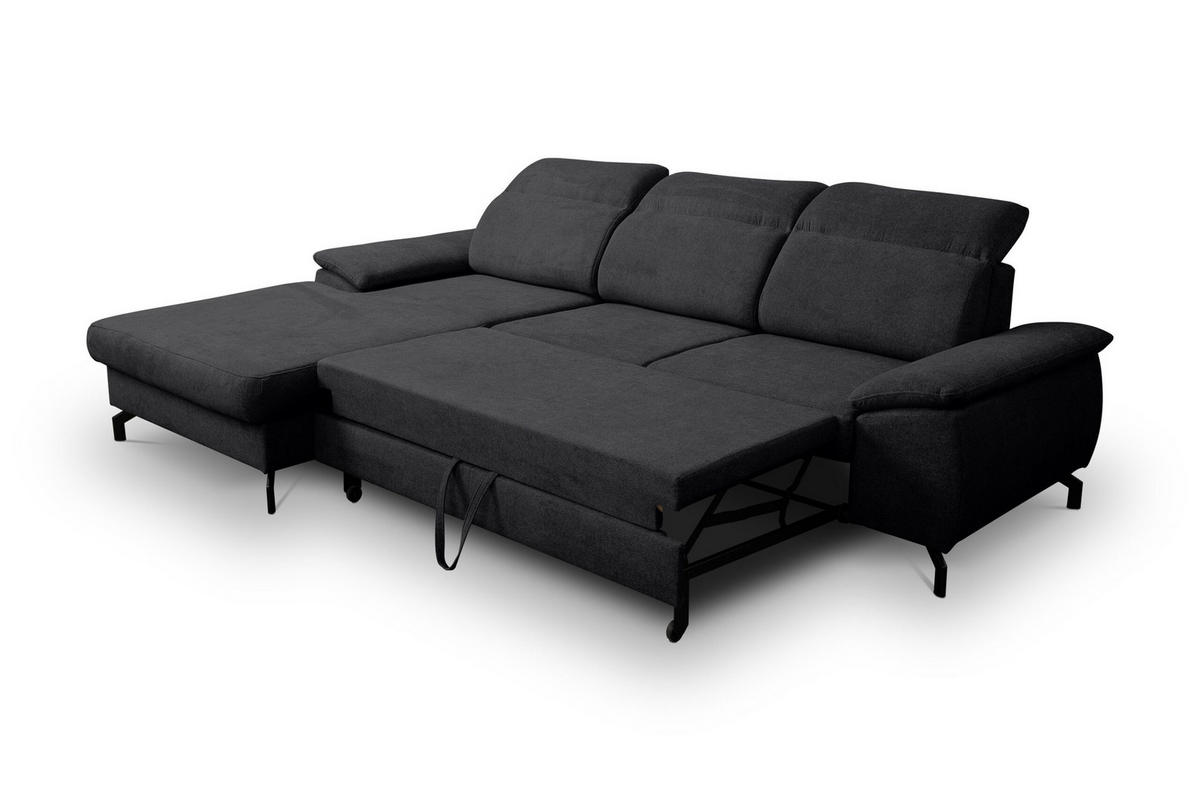 ECKSOFA MALIBU mit Schlaffunktion und Bettkasten, Farbe: Schwarz, Velourstoff, Ottomane Links - Schwarz, Textil (276/184cm) - VENASI MÖBEL