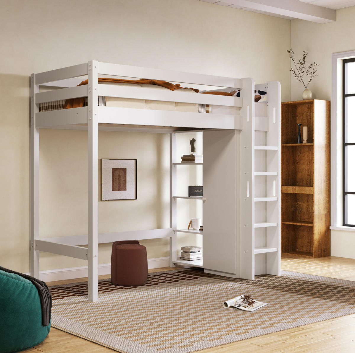KINDEREINZELBETTEN aus Spanplatte & Massivholz 90x200 cm in Weiß mit Kleiderschrank - Weiß, Holzwerkstoff (90/200cm) - Modfu