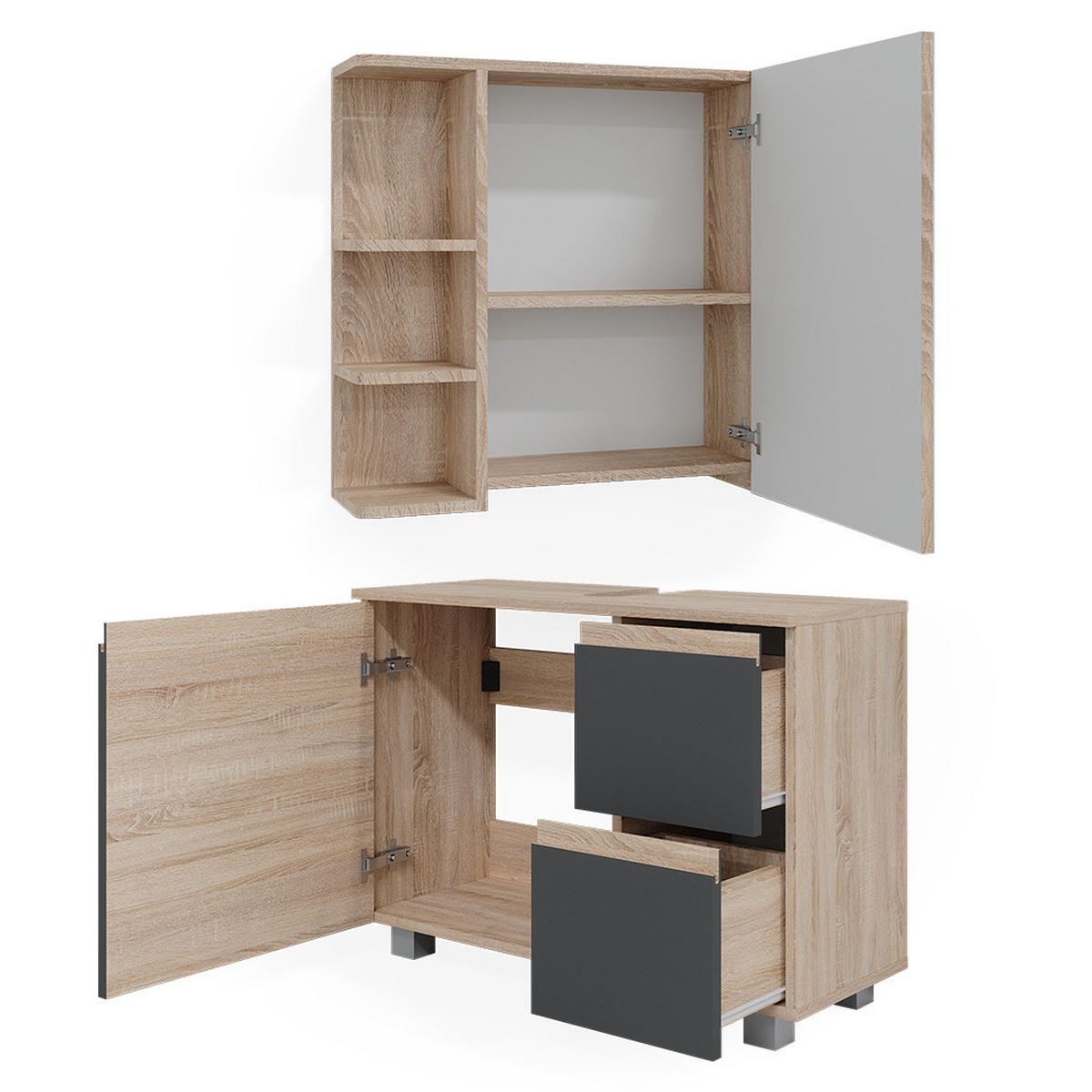 BADMÖBEL-SET J-Shape Sonoma 2 Teile - Anthrazit/Sonoma Eiche, Holzwerkstoff (80/60/33cm) - Vicco