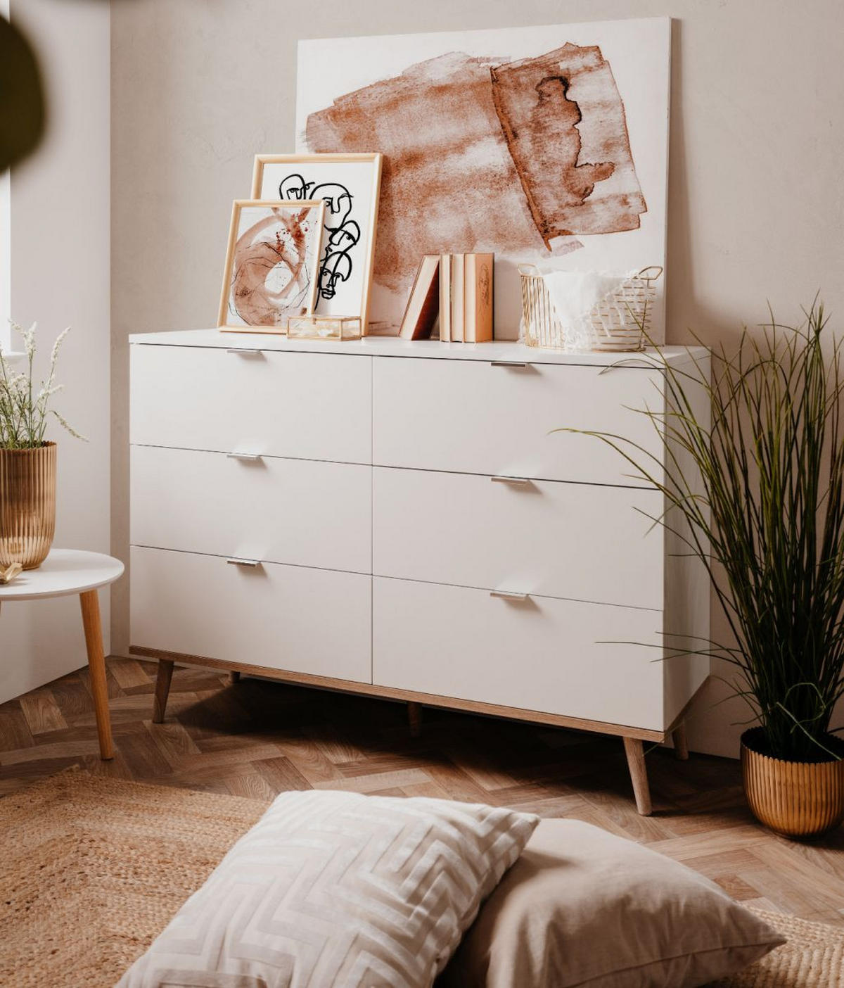 SCHUBLADENKOMMODE weiß matt, Eiche Sonoma massiv 120 cm, Kommode mit 6 Schubkästen - Chromfarben/Eichefarben, Holz/Holzwerkstoff (120/87/40cm) - Furn.Design