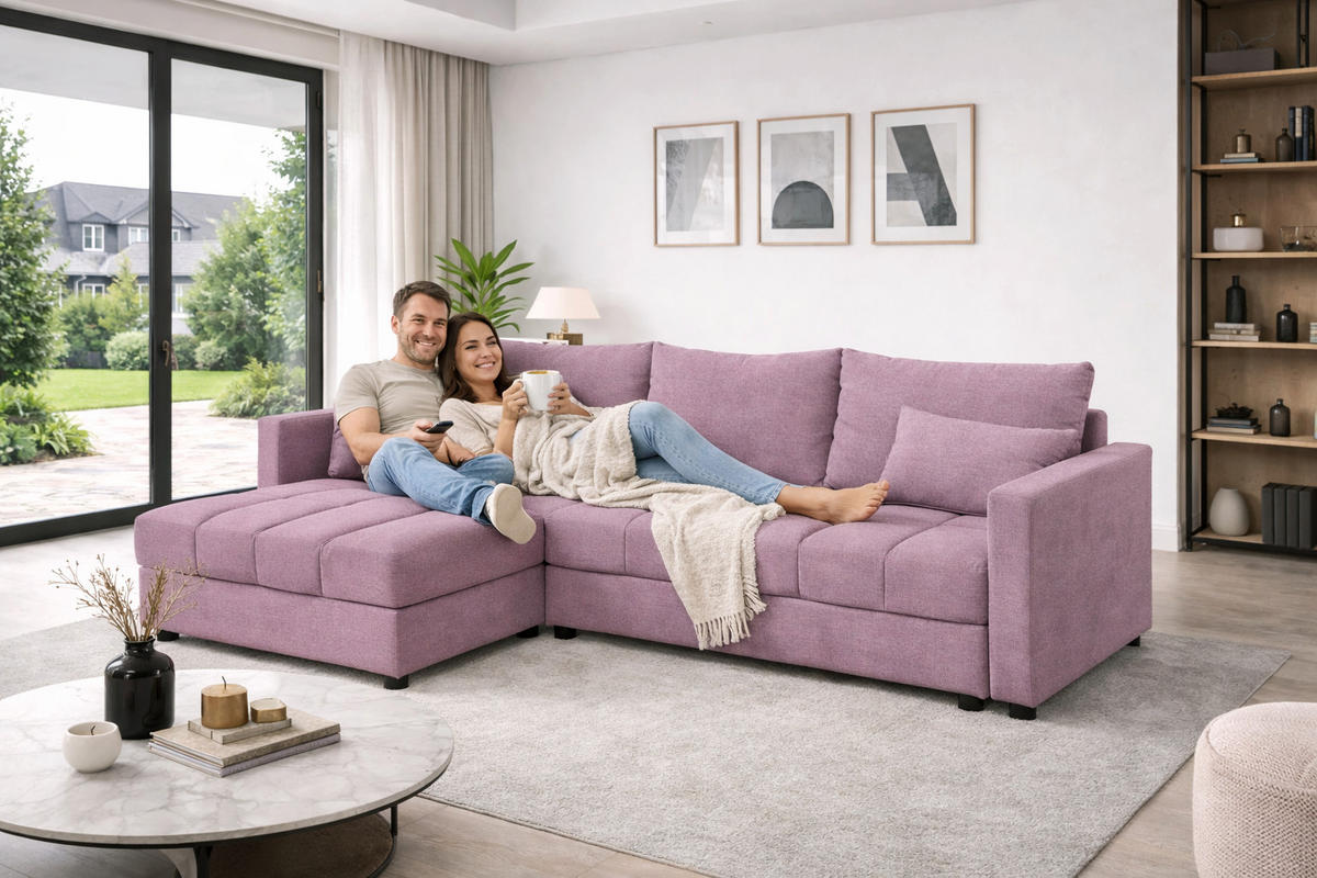 WOHNLANDSCHAFT AURELIA– Ecksofa in L-Form mit Schlaffunktion Bettkasten & Kissen Stoff KRONOS 226 cm Rosa - Rosa, Kunststoff (226/140cm) - Wohnideebilder