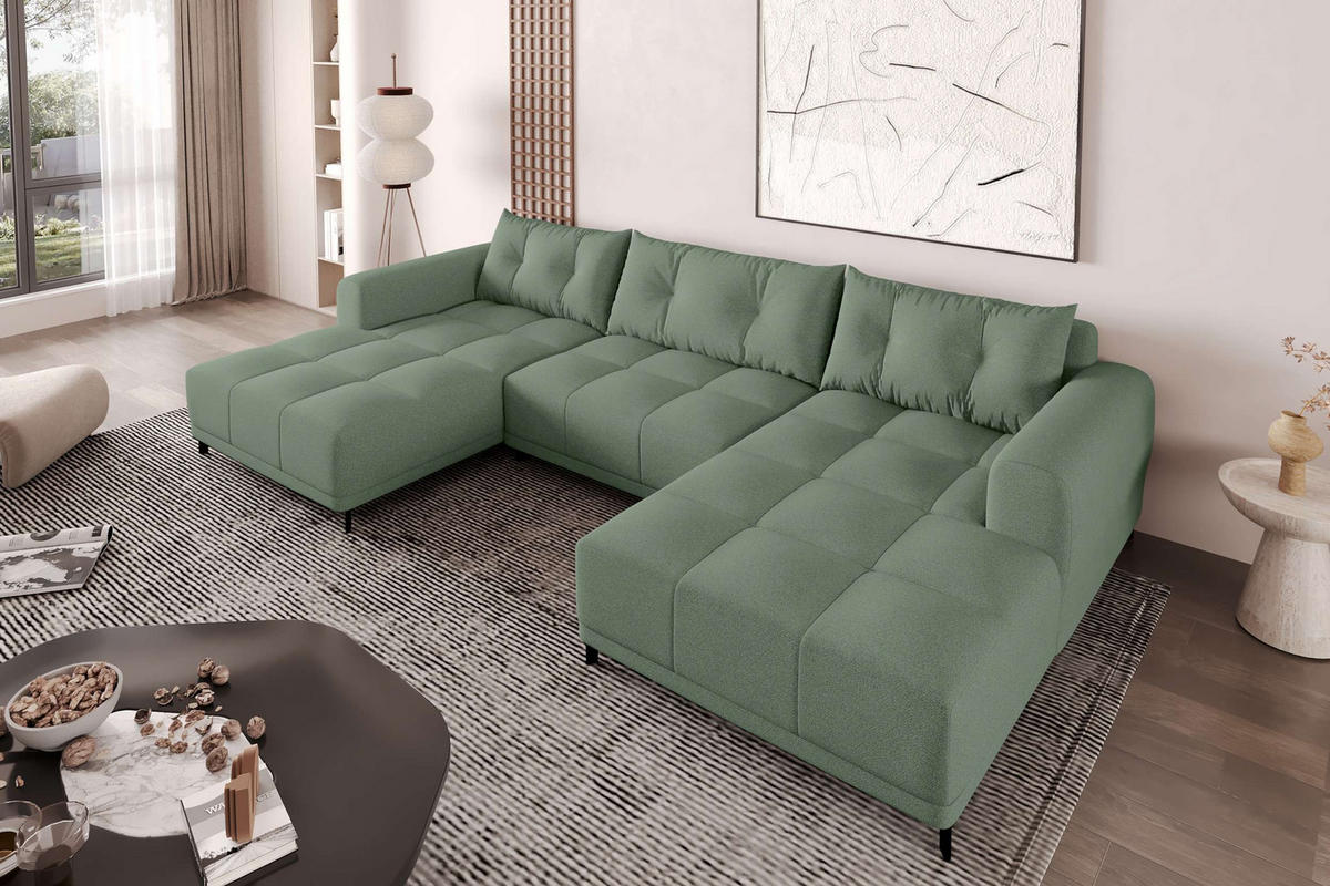 WOHNLANDSCHAFT Strukturstoff Salbeigrün inkl. Schlaffunktion - Salbeigrün/Schwarz, Textil/Metall (348/94/181cm) - 99rooms