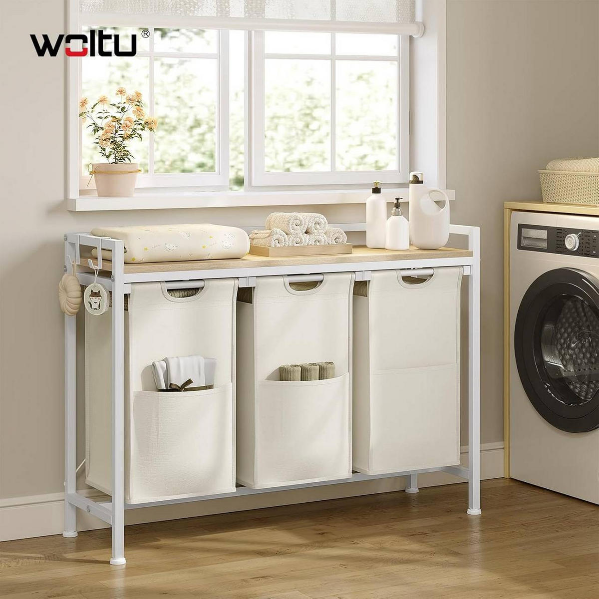 WÄSCHEKORB 3 Fächer, jedes 40 L, Weiß+Helle Eiche - Eichefarben/Weiß, Holzwerkstoff/Textil (96/71/30cm) - Woltu