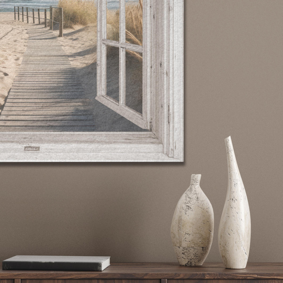 AKUSTIKBILD Fenster - Meer - Küste - Natur - Ausblick - Strand - Wattenmeer Wandbilder 60x60 cm - Beige, Kunststoff (60/60/0.9cm) - MuchoWow