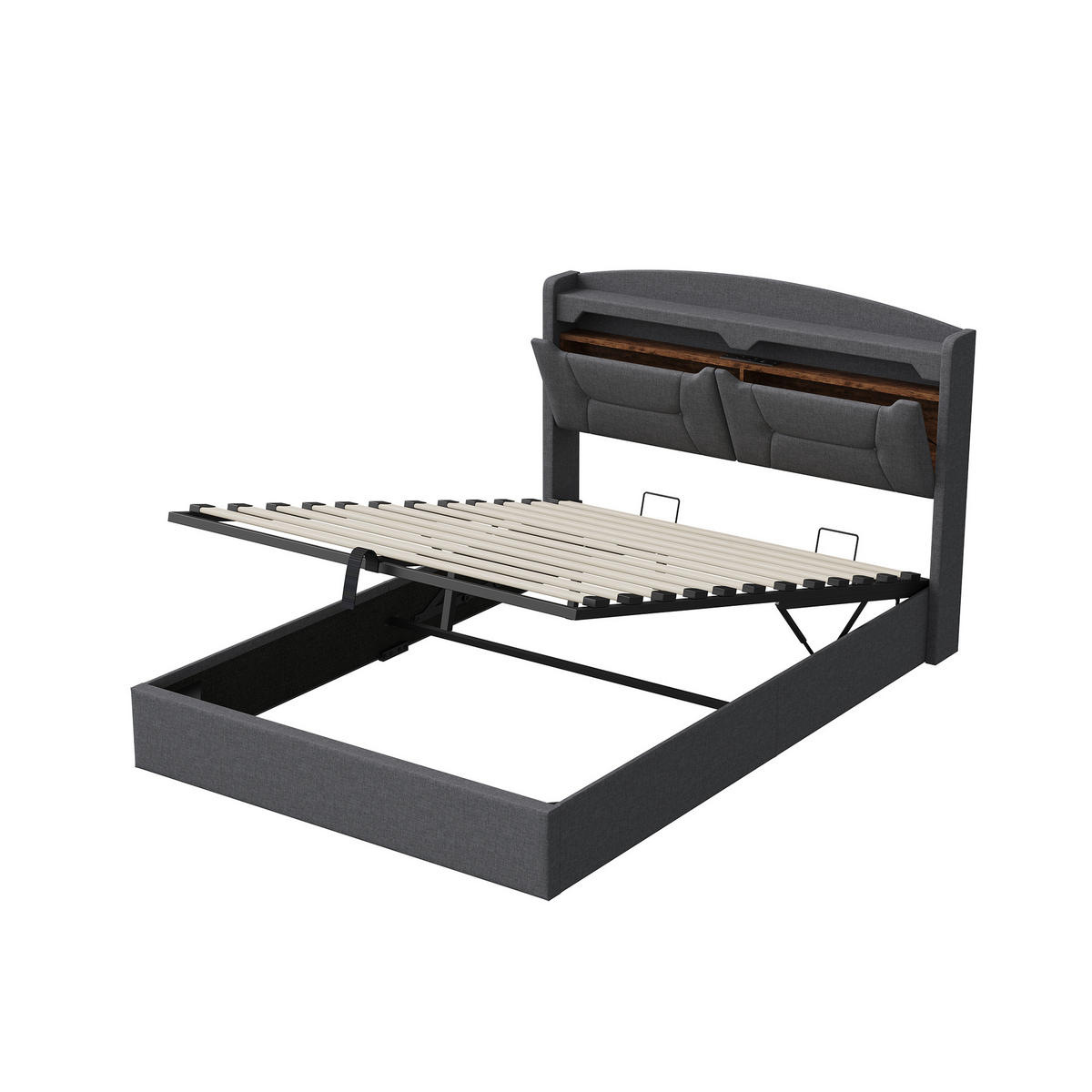 POLSTERBETT 140x190 cm Grau mit Stauraum, hydraulischem Bettkasten, LED Beleuchtung, Kopfteil mit Ablage und Steckdosen - Grau, Metall (140/190cm) - EuroLiving