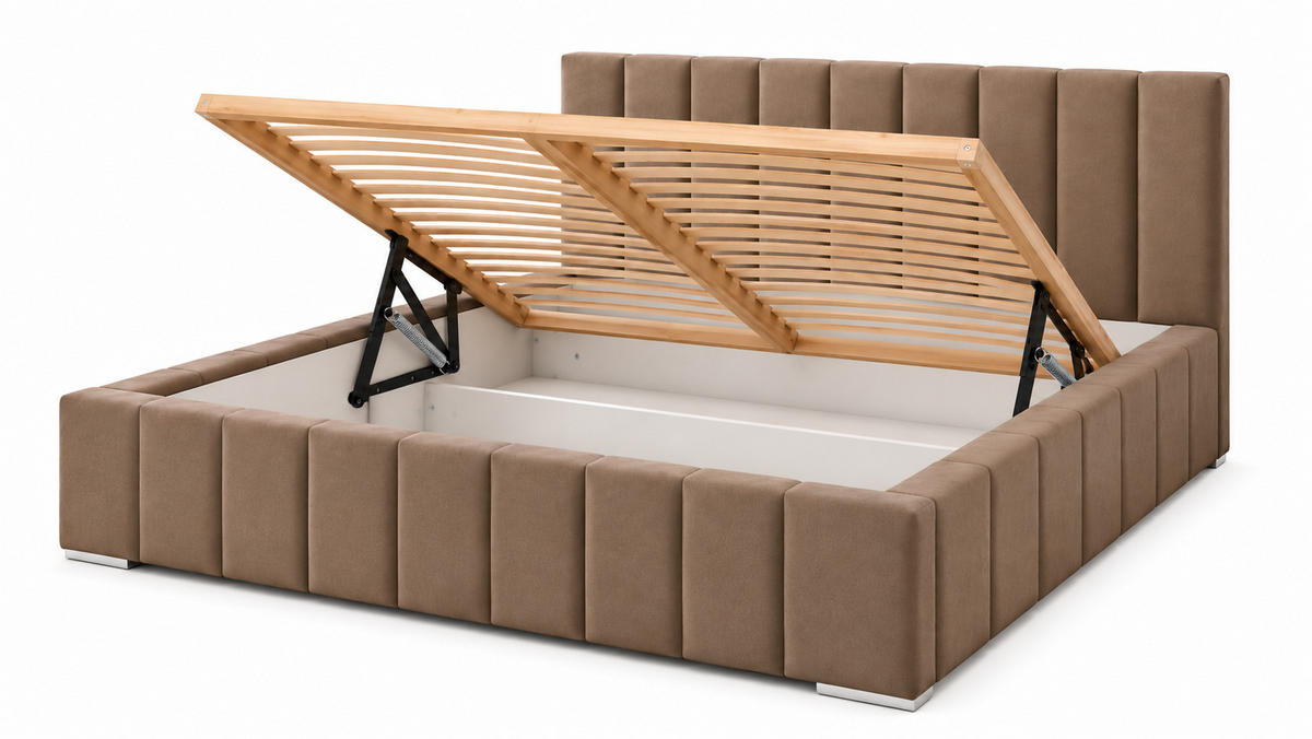 MARPUR Polsterbett NERO 200x200 cm mit Bettkasten und Lattenrost, Hellbraun - Chromfarben/Hellbraun, Holz/Holzwerkstoff (200/200cm) - Marpur