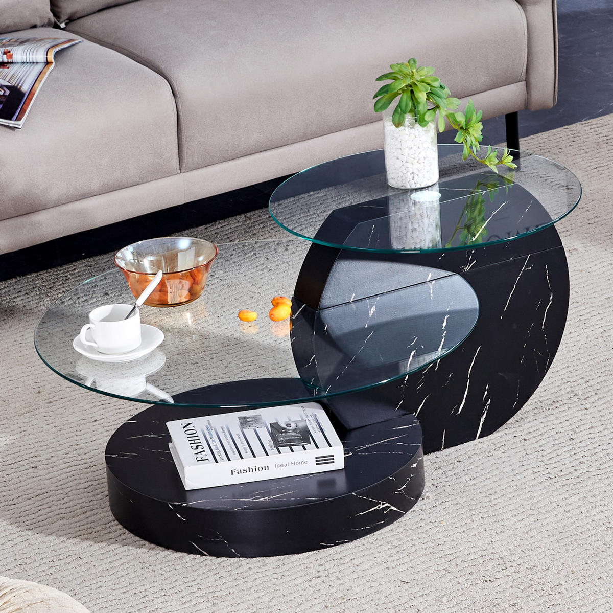 COUCHTISCH aus MDF und Glas Ø49,8/69,8 cm in Schwarz mit Ablagen - Schwarz, Glas (89.9/89.9/43.2cm) - Modfu