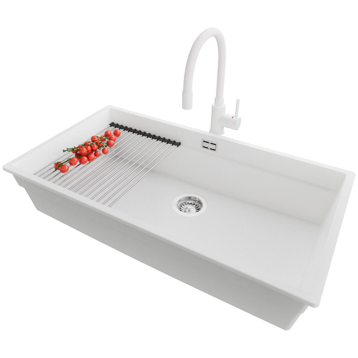 UNTERBAUSPÜLE GRANIT Praga, 2-er set Weiß 86/47 cm 1 Becken + Küchenarmatur 38/14 cm + Ablauf-Set + Aufrollbare Abtropffläche ab 90er Unterschrank - Chromfarben/Weiß, Kunststoff (86/20/47cm) - Primagran