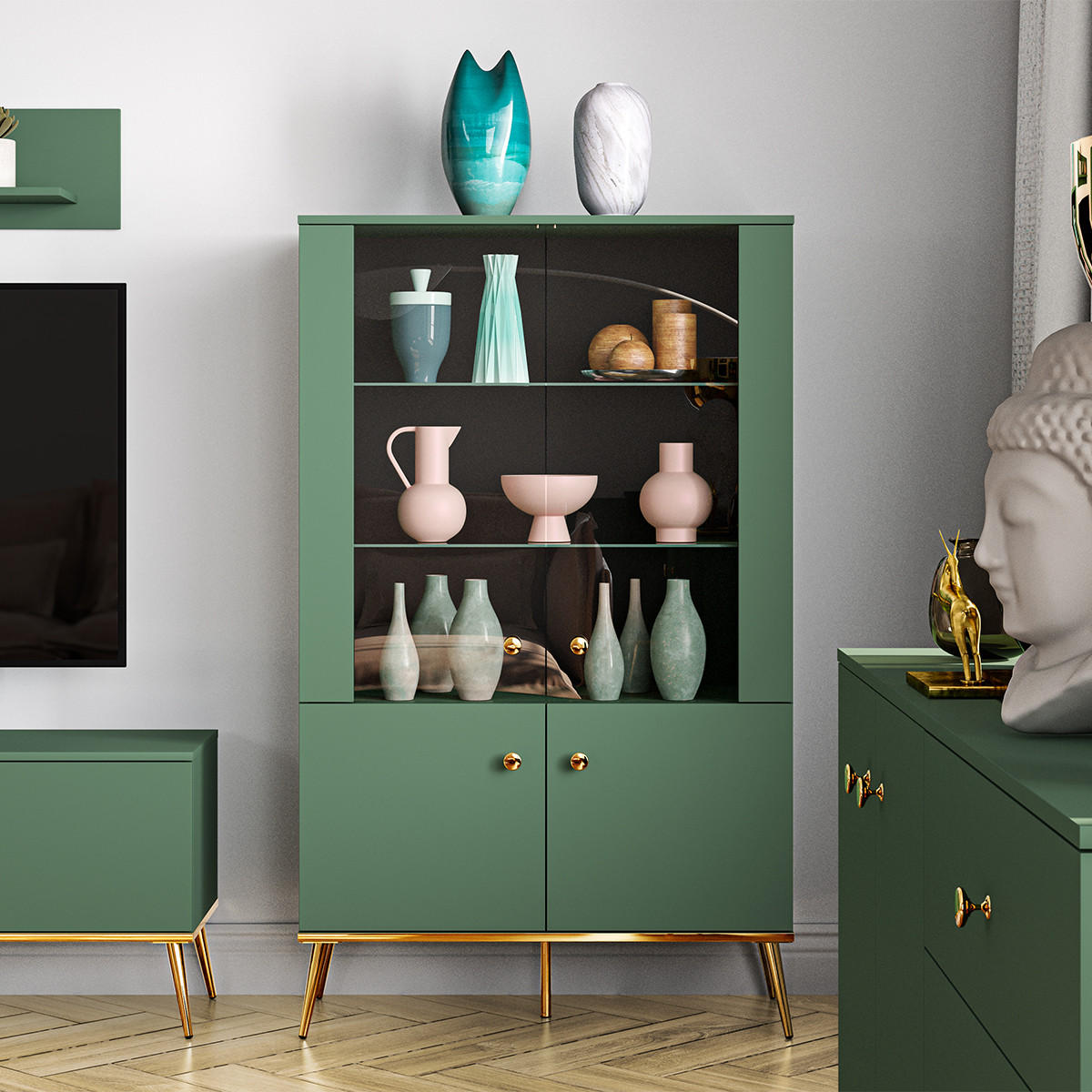 VITRÍNA Thalia Zelená - zelená barva, kompozitní dřevo (92/152/40cm) - Petits-meubles