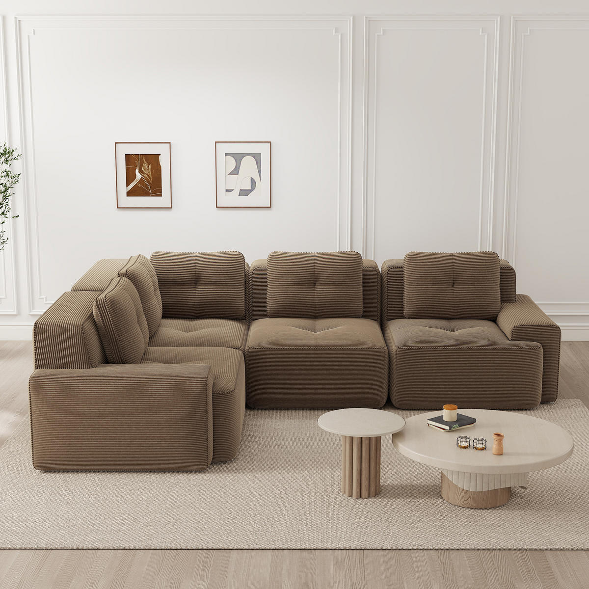 ECKSOFA Cord Braun Modulares Design und Rutschfester Standfuß - Braun, Textil (382/177cm) - WISHDOR