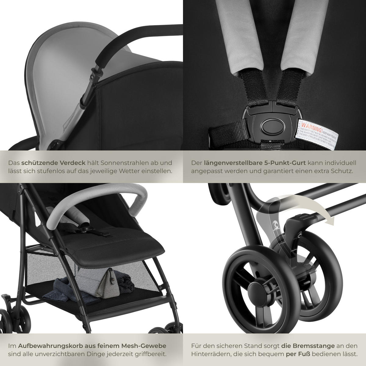 BUGGY Kinderwagen Emma,für 0 bis 36 Monate geeignet, Belastbarkeit 15 kg,schwarz/grau - Schwarz/Grau, Metall (86/45.5/97cm) - tectake