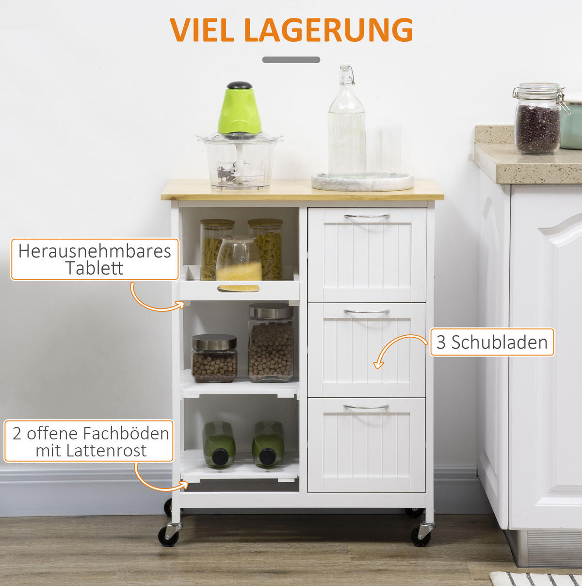 KÜCHENINSEL 67/37/84 cm aus MDF mit 3 Schubladen, herausnehmbarem Tablett und 4 Rollen, Weiß - Weiß, Holzwerkstoff (67/84/37cm) - Redom