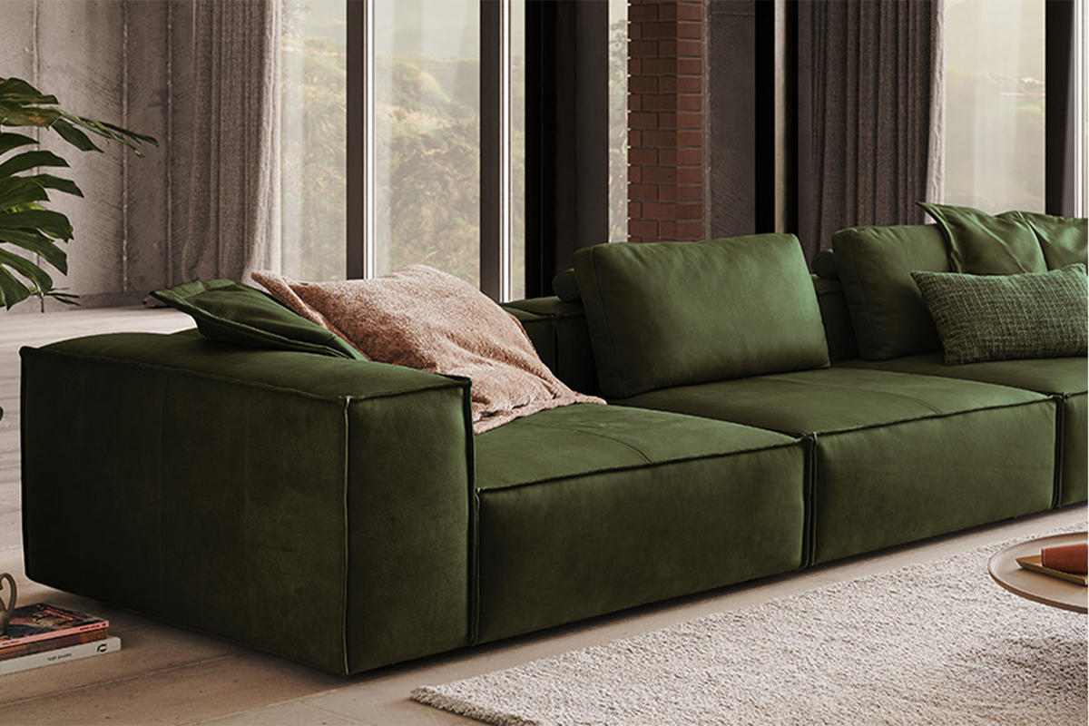 SOFA CARMO Grün Leder - Schwarz/Olivgrün, Leder/Kunststoff (366/68/118cm) - KAWOLA