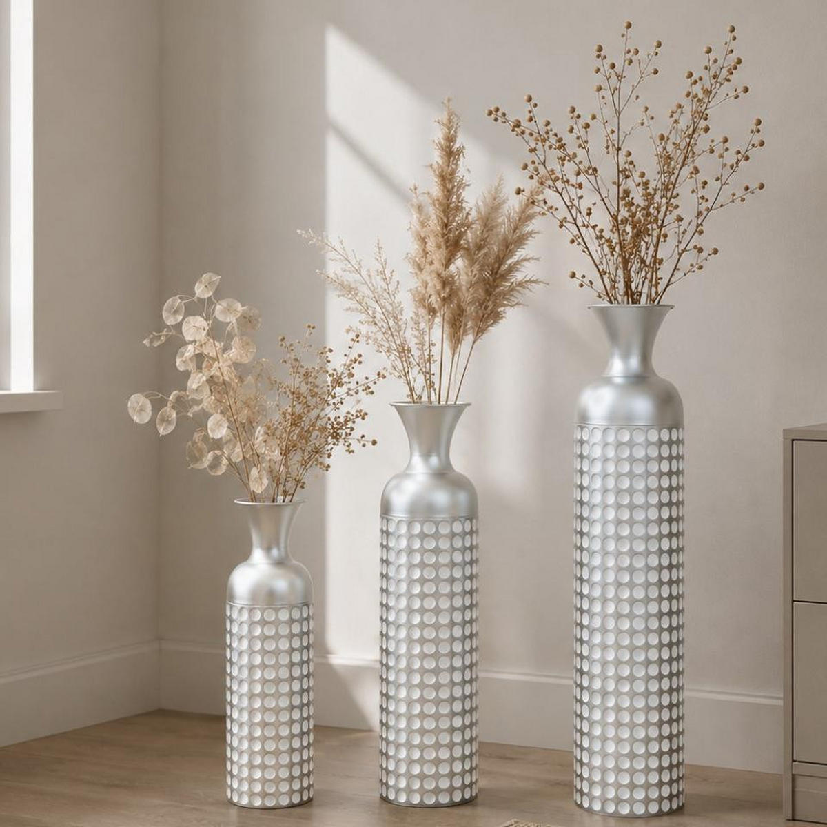 BODENVASE,50/66/83 cm,3 tlg.,Metall, Polka Dots-Goldfarben - Silberfarben, Metall (83cm) - LVHOM