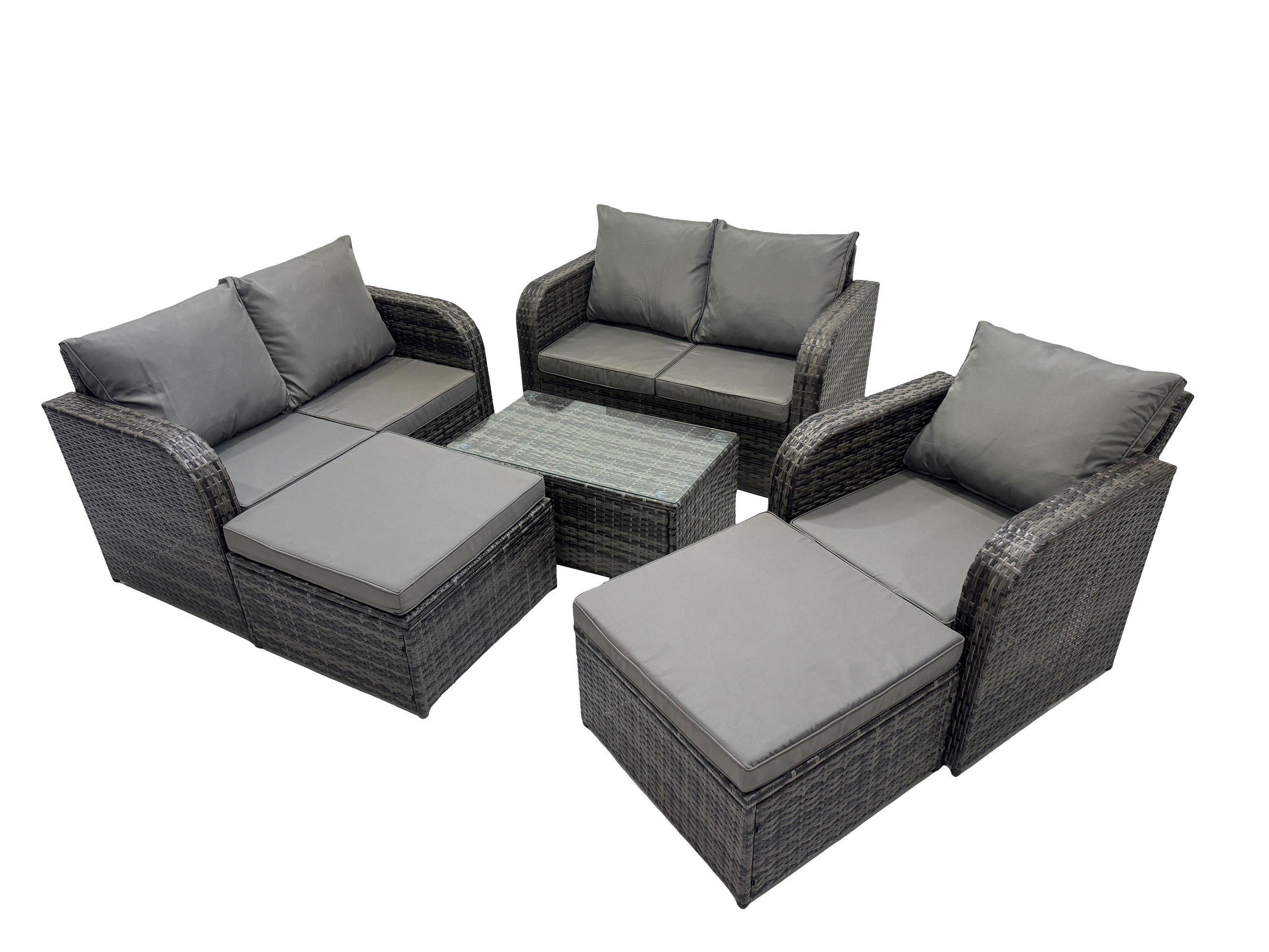 GARTENMÖBELGARNITUR mit KISSEN Polyrattan Dunkelgrau 7-Sitzer - Dunkelgrau/Grau, Glas/Kunststoff - Fimous