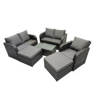 GARTENMÖBELGARNITUR mit KISSEN Polyrattan Dunkelgrau 7-Sitzer - Dunkelgrau/Grau, Glas/Kunststoff - Fimous