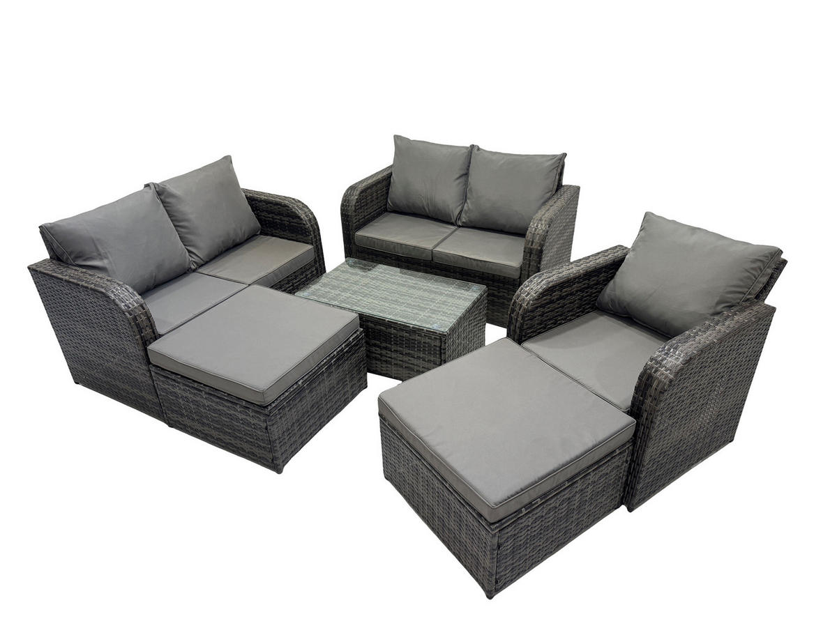 GARTENMÖBELGARNITUR mit KISSEN Polyrattan Dunkelgrau 7-Sitzer - Dunkelgrau/Grau, Glas/Kunststoff - Fimous