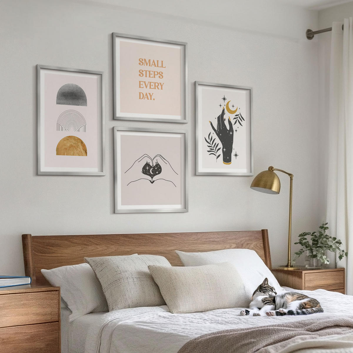 BILDER SET 4er Set - 50x50 cm & 40x60 cm Silberner Rahmen - Minimalistische Boho-Illustrationen - Silberfarben, Kunststoff (50/50cm) - TULUP