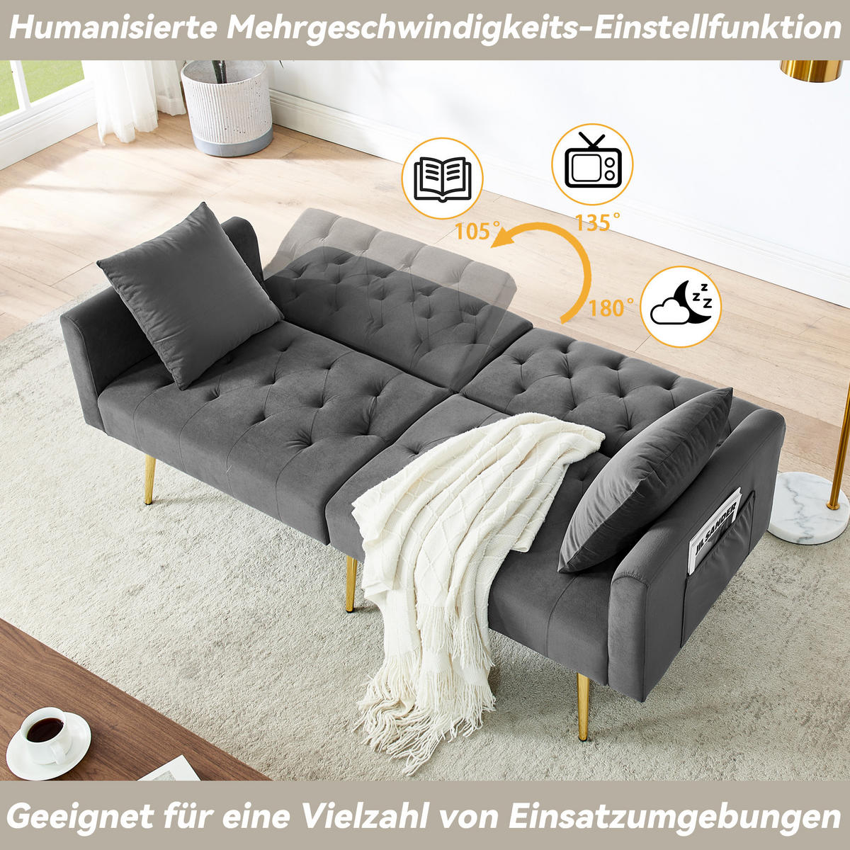 SCHLAFSOFA 177/78/74 cm in Gray Samt mit Aufbewahrungstasche - Grau, Textil (78/74/177cm) - Oxeza