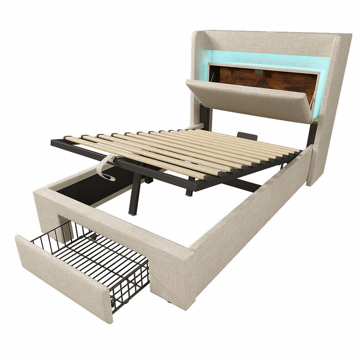 POLSTERBETT 90x200cm in Beige Leinen,ohne Matratze - Beige, Textil (90/200cm)