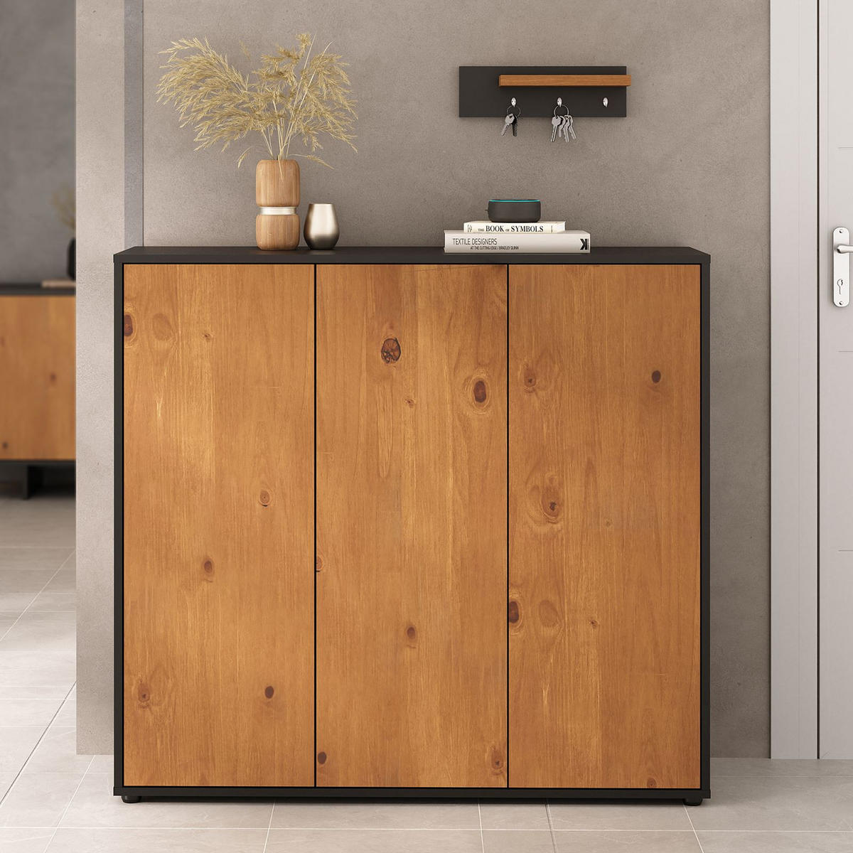 SCHUHSCHRANK MIRAN schwarz/Eiche - Eichefarben/Schwarz, Holz (109/100/35cm) - IDIMEX