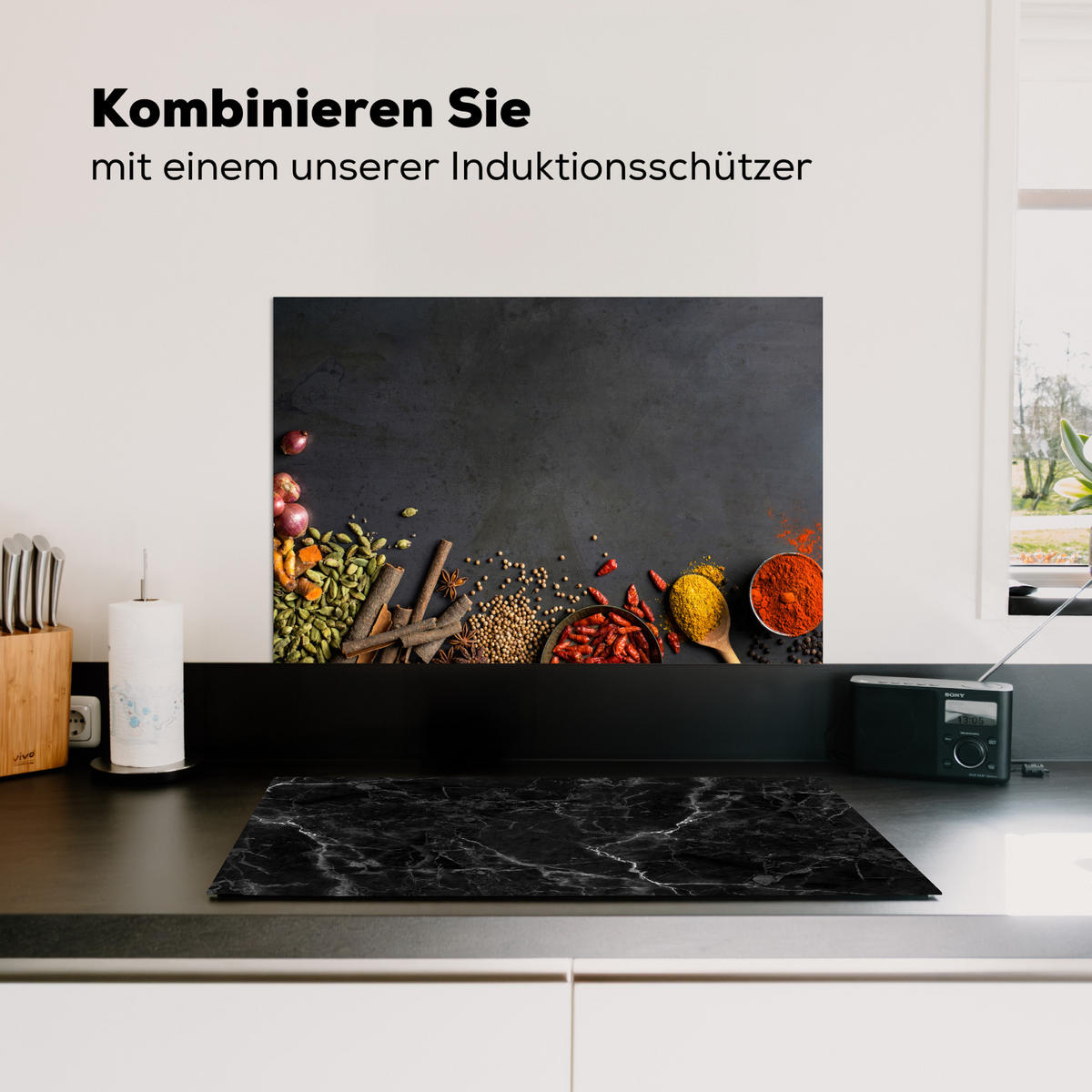 SPRITZSCHUTZ KÜCHE Kräuter - Lebensmittel - Gewürze - Schwarz - Paprika - Zimt 70x50 cm - Currygelb, Metall (70/0.3/50cm) - MuchoWow