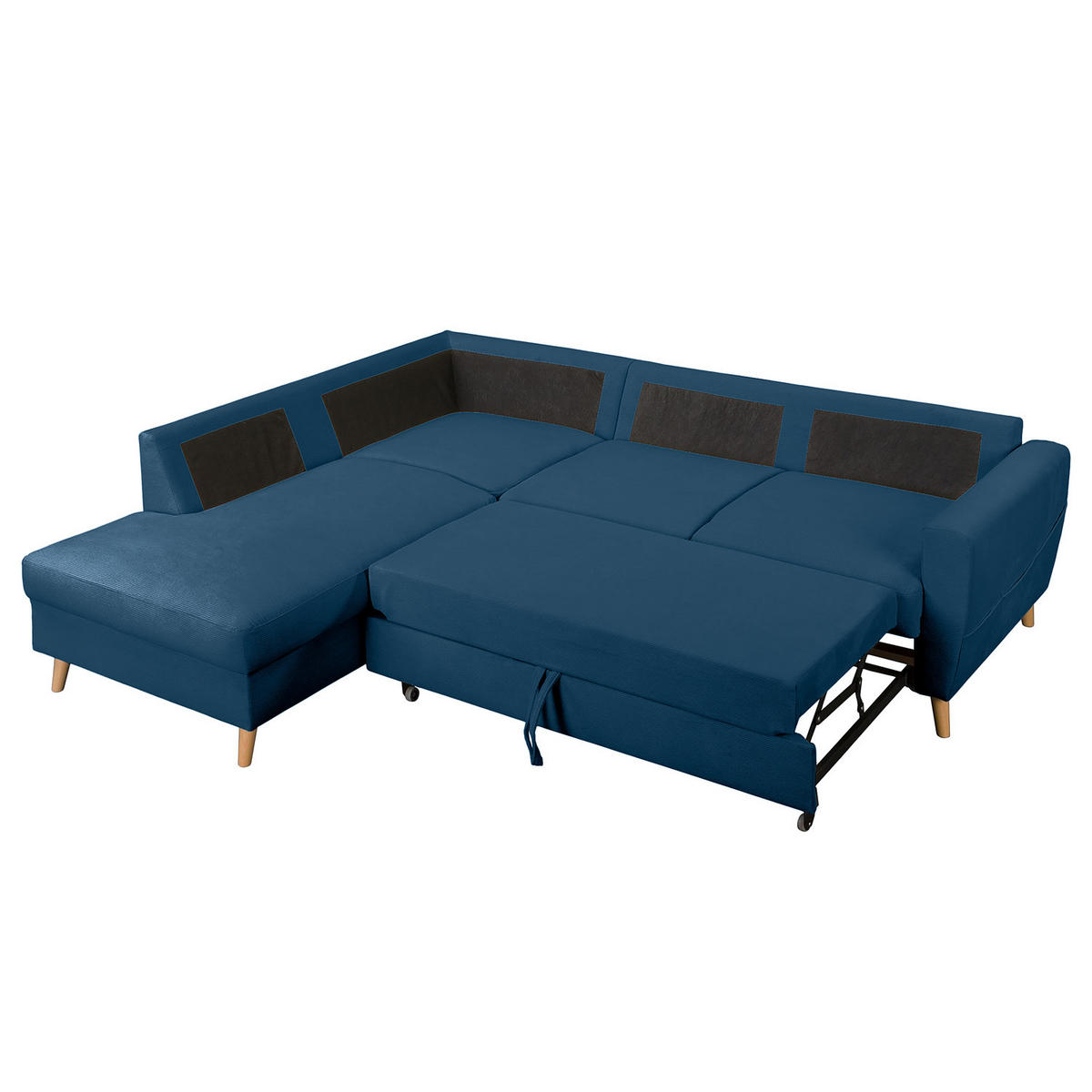 ECKSOFA mit Ottomane - Blau/Braun, Holz/Textil (230/200cm) - home24