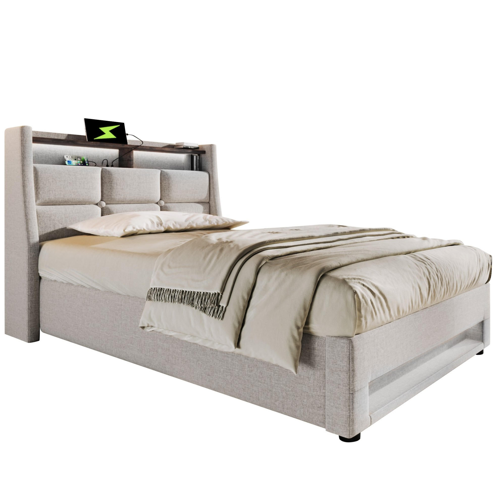 Modfu ČALOUNĚNÁ postel z lněné tkaniny 90x200 cm světle béžová s LED osvětlením, USB a úložným prostorem