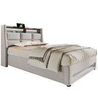 POLSTERBETT aus Leinen 90x200 cm in Beige mit LED & USB - Beige, Textil (90/200cm) - Modfu