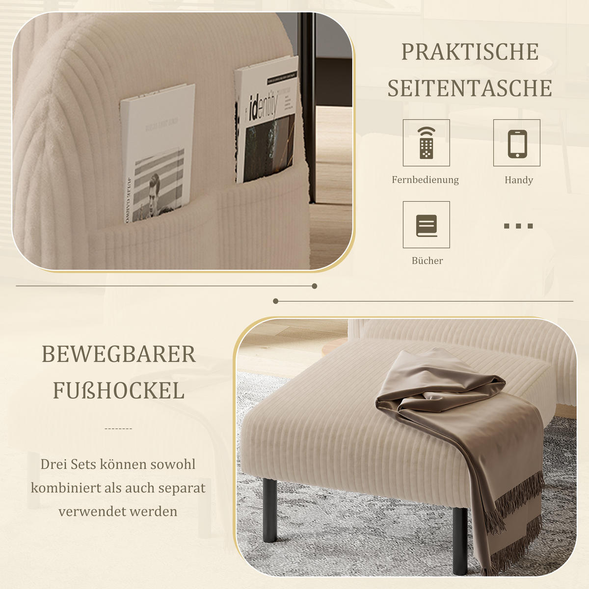 2-SITZER-SOFA Stoffcouch mit Seitentaschen,Cord,Beige - Beige, Textil (120/79/75cm) - LVHOM