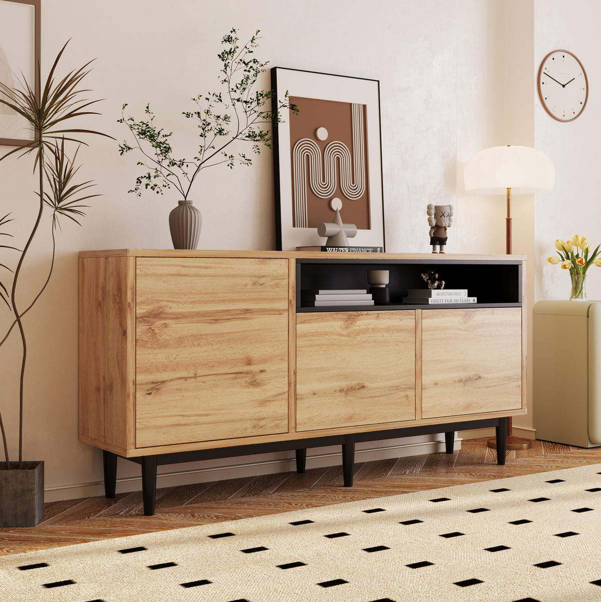 SIDEBOARD 160/35/76 cm Schwarz/Holzfarben aus MDF mit 3 Türen und verstellbaren Regalen - Naturfarben, Holzwerkstoff (35/76/160cm) - OKMYHOME