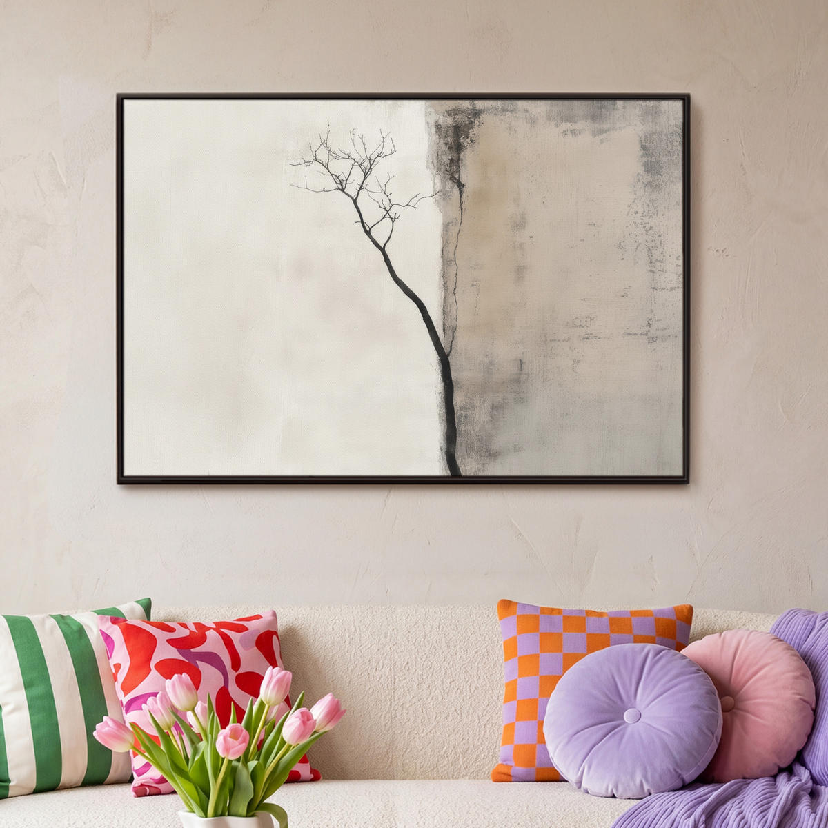 LEINWAND Bilder mit Rahmen - Wabi sabi - Pflanze - Beige - 90x60 - Taupe, Textil (90/60cm) - MuchoWow