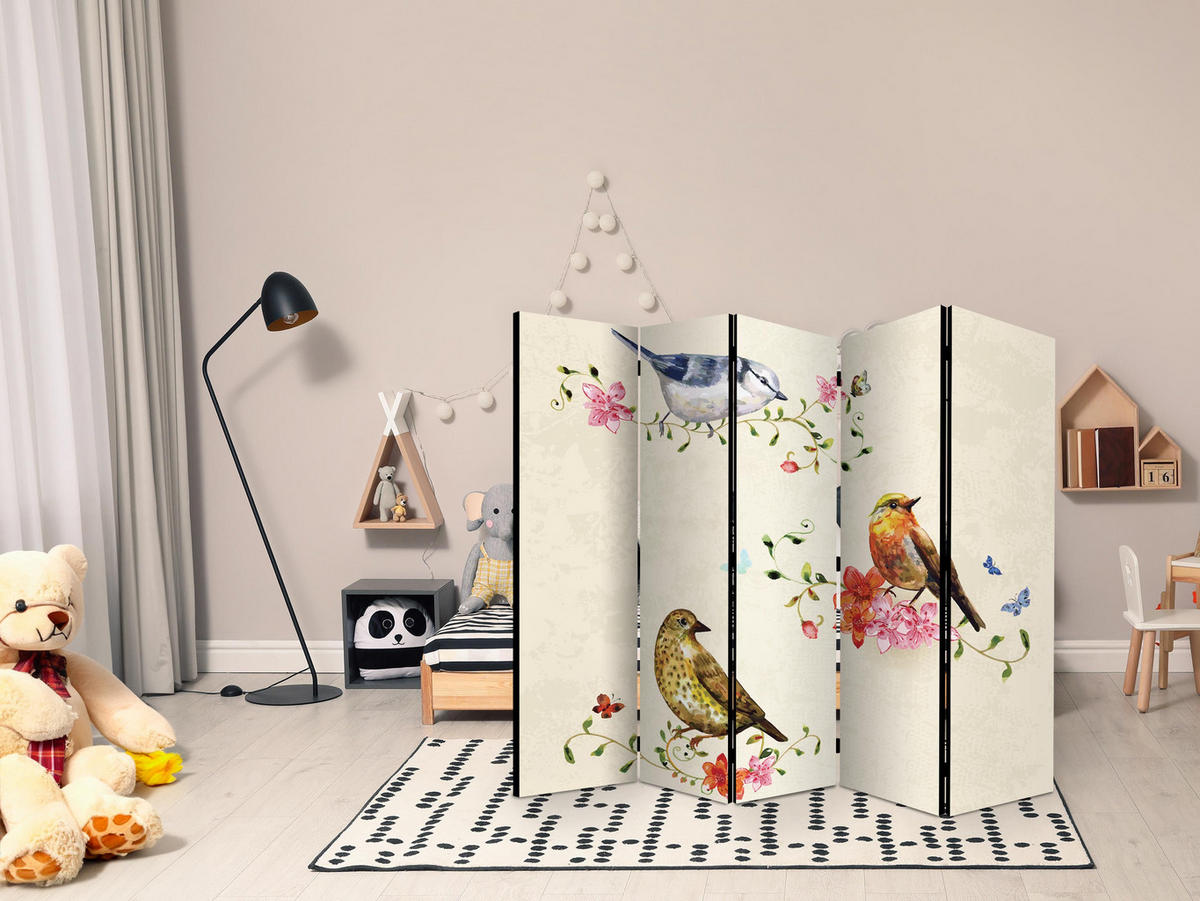 PARAVENT Einseitig Bedruckter 5-tlg 225x172 cm Vögel Blumen - Multicolor, Holz/Textil (225/172/3cm) - Muralo
