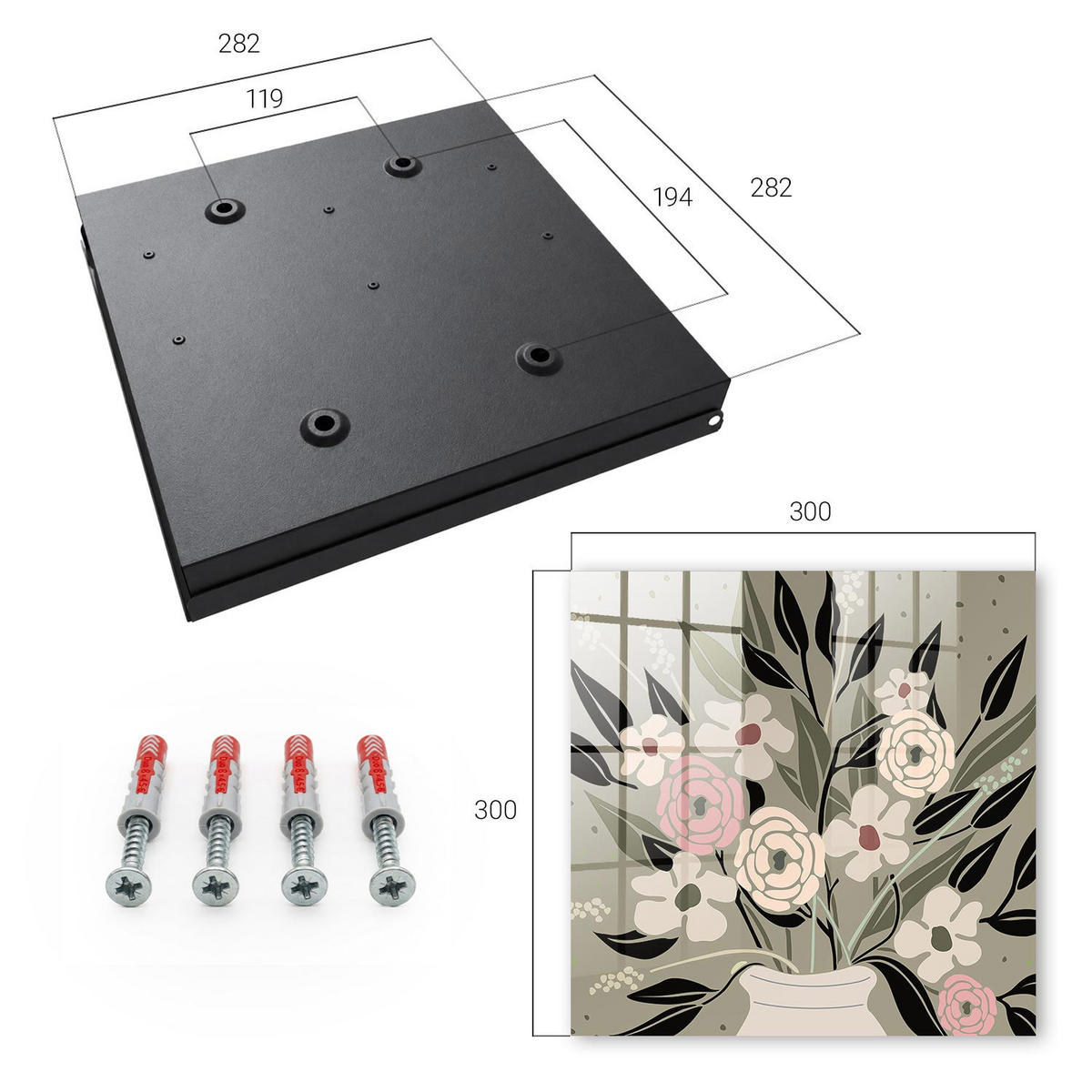 SCHLÜSSELBOX Schwarz 30x30 cm- Türöffnung nach rechts - Blumenarrangement - Beige, Metall (30/30/5cm) - TULUP