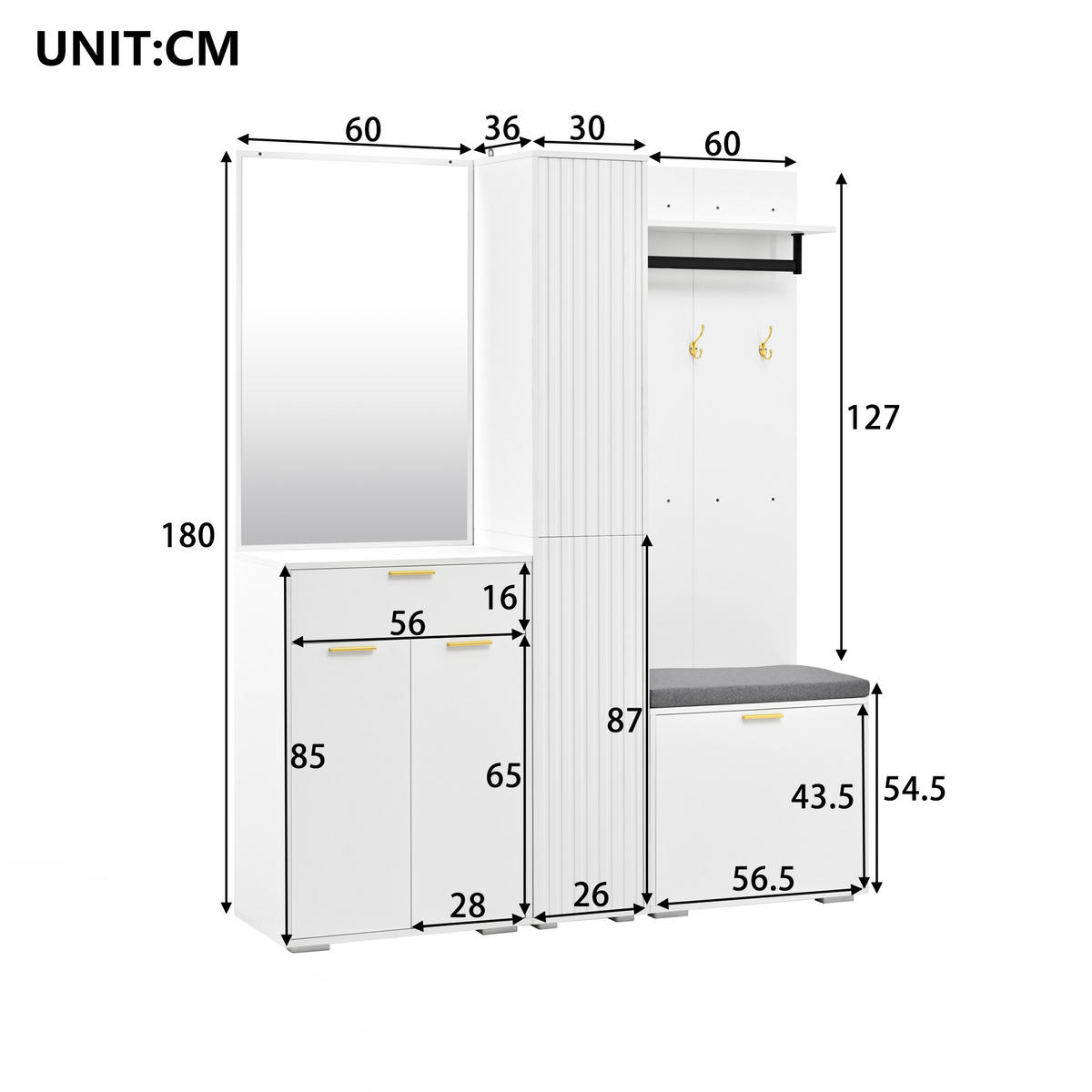 GARDEROBE Weiß Spiegel Bank 3 Türen Schuhregal 150x36x180cm - Weiß, Holzwerkstoff (150/180/36cm) - FLIEKS