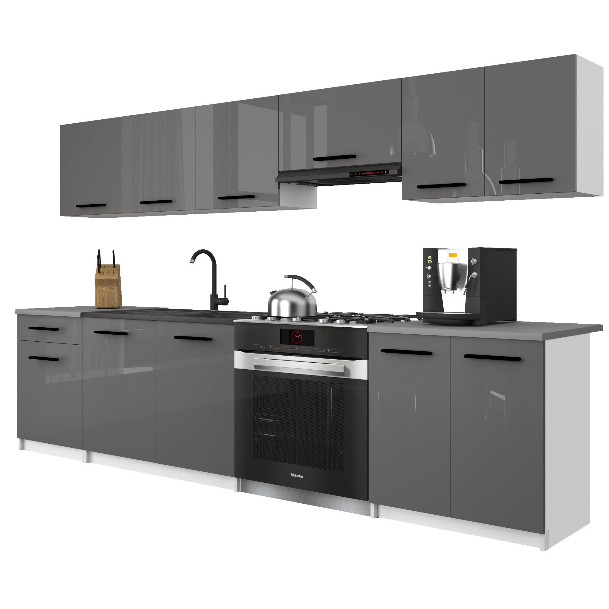 KÜCHENZEILE Italia 2 240 cm, mit Arbeitsplatten, Grau Hochglanz - Grau, Holz (240/143/60cm) - B BELINI GROUP