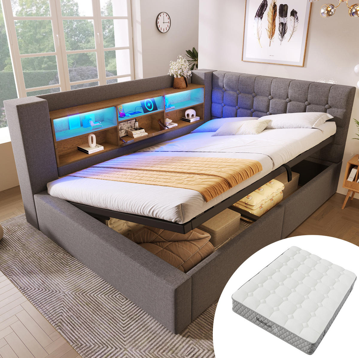 BETT mit LED und Stauraum 140x200 cm Leinen Grau inkl. Matratze - Grau, Metall (140/200cm) - Meubliv