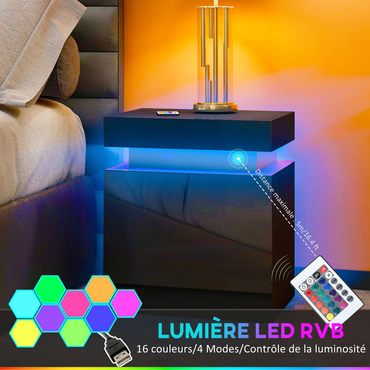 NACHTSCHRANK DE-12861 LED-RGB-Beleuchtung, Hochglanz Schwarz - Schwarz, Holzwerkstoff (35/52/45cm) - ComfortXL