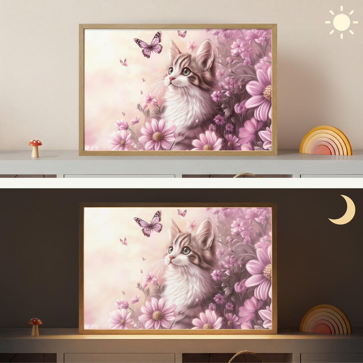 NÁSTĚNNÁ LAMPA S AKUMULÁTOREM Koťátko - Květiny - Motýli - Fialová 60x40 cm - starorůžová, kompozitní dřevo (60/40/8cm) - OnlyWow